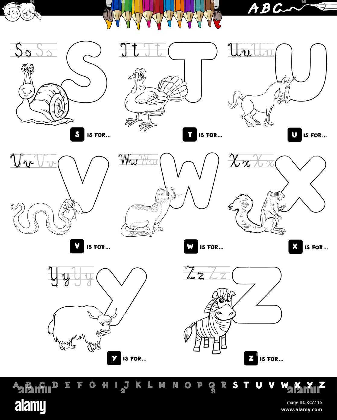 Cartoon noir et blanc illustration de l'alphabet en majuscules avec des caractères pour la lecture et l'écriture l'éducation pour les enfants de s à z Illustration de Vecteur