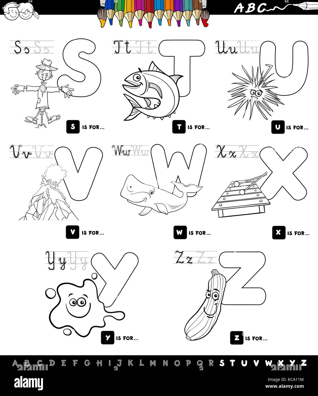 Cartoon noir et blanc illustration de l'alphabet majuscules jeu éducatif pour l'apprentissage de lecture et d'écriture pour les enfants de s à z bo coloriage Illustration de Vecteur