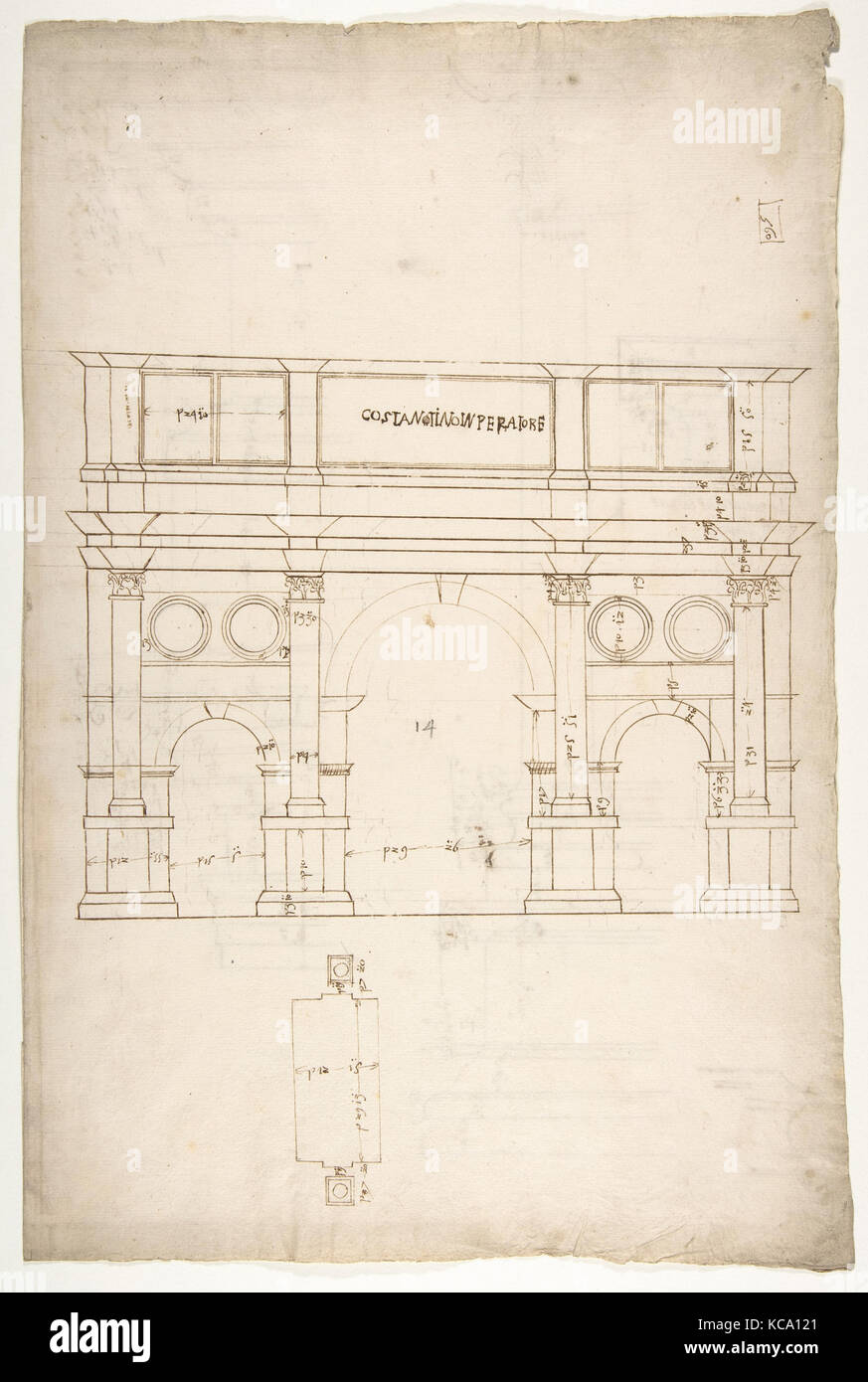 Arc de Constantin, d'une altitude, plan partiel (recto) Arc de Constantin, profils de base, l'arbre et l'entablement (verso), ca. 1540 Banque D'Images