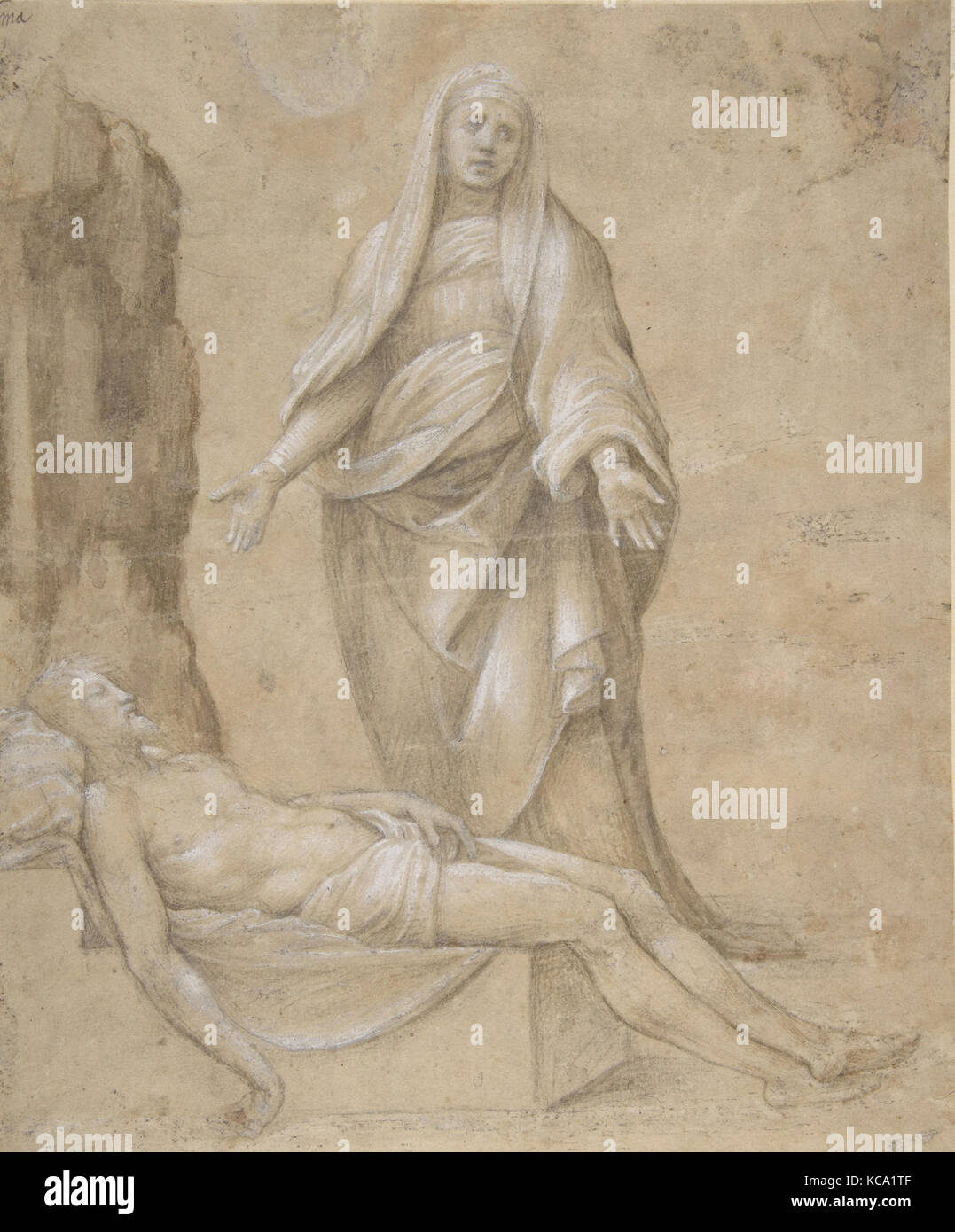 Pieta (recto) ; Madonna et deux chérubins à la plume et encre brune ; copie d'un dessin sur le Louvre qui est attribué à Raphael Banque D'Images