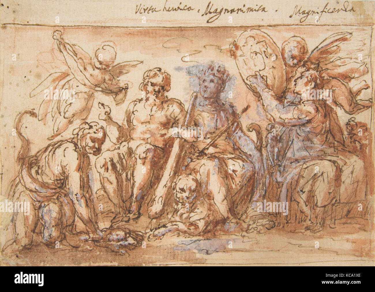 Les figures allégoriques : Force, Hercules d'étrangler l'Hydre, l'abondance, et de la renommée, Bernardino Rodriguez, 1600-1650 Banque D'Images