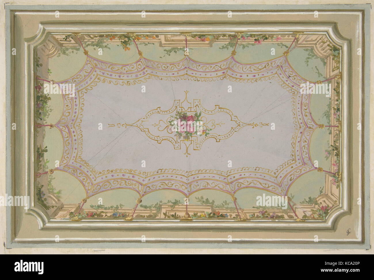 Design pour le décor peint d'un plafond avec un trompe-l'oeil couvert et roses, Jules-Edmond-Charles Lachaise, 1830-97 Banque D'Images