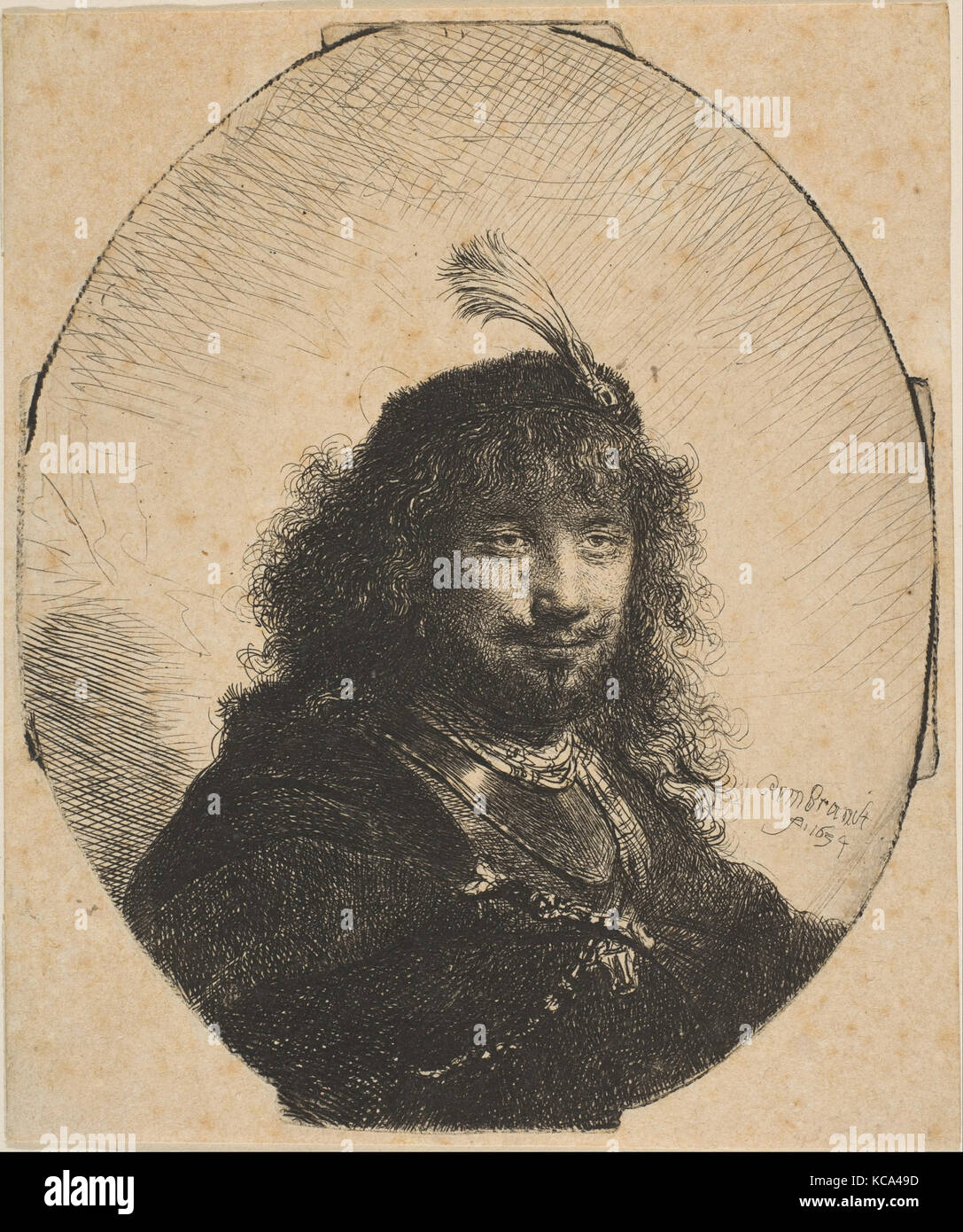 Autoportrait avec les plumes et abaissé le sabre, Rembrandt, 1634 Banque D'Images