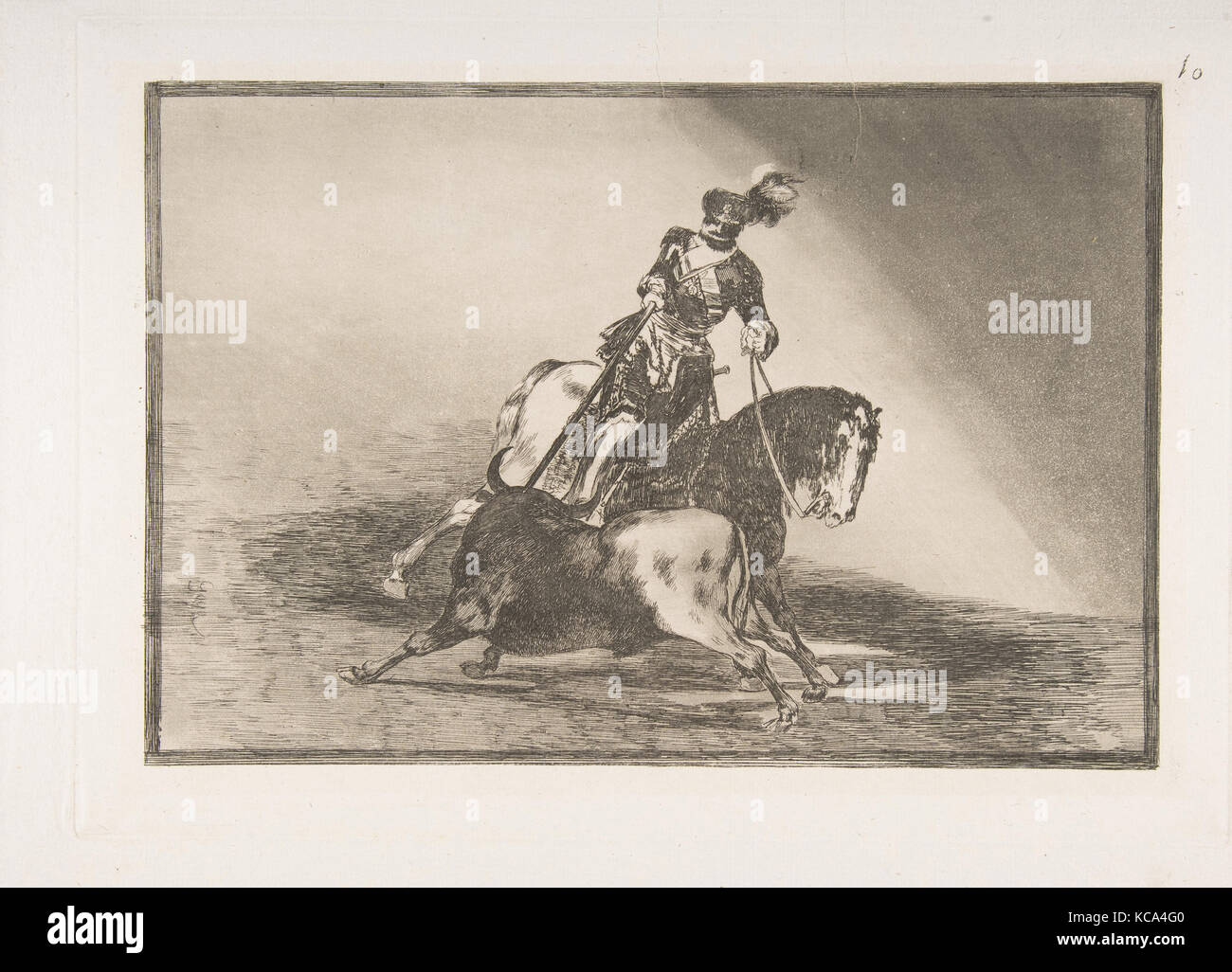 10 Plaque de 'La Tauromaquia' : Charles V harponner un taureau dans le ring à Valladolid, Goya, 1816 Banque D'Images