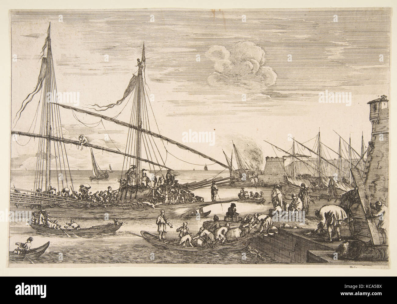 Vue sur les fortifications, deux hommes levée une planche à droite, plusieurs navires et bateaux l'arrière-plan et d'une galère à gauche Banque D'Images