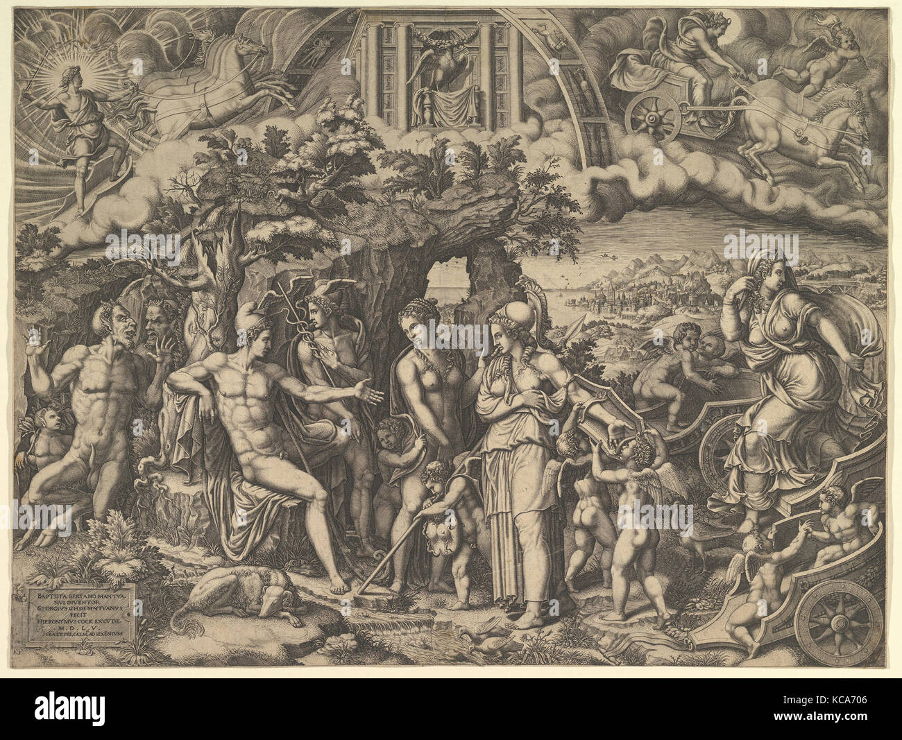 Le jugement de Paris ; Paris assis sur un rocher en choisissant entre les déesses Vénus, Junon et Minerve, le dieu Mercure Banque D'Images