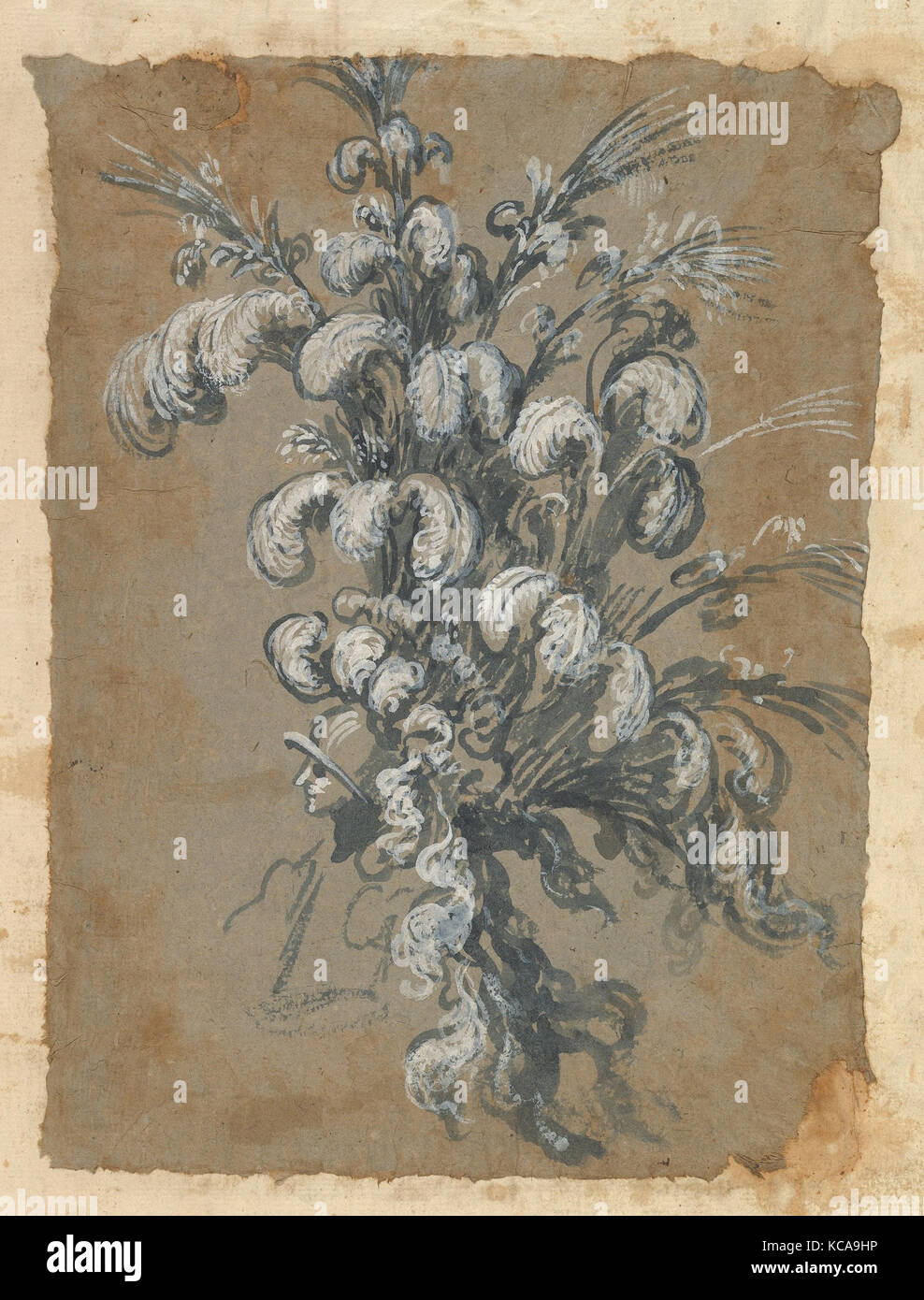 Conception pour une coiffure de somptueux avec des plumes sur un casque, peut-être par Baccio del Bianco, ca. 1620-56 Banque D'Images