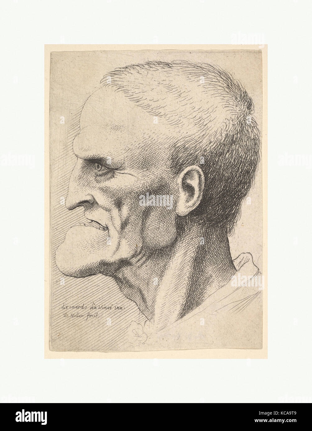 Tête d'un vieil homme avec un menton prononcé, cheveux coupés courts et bouche béante montrant les dents dans le profil à gauche Banque D'Images