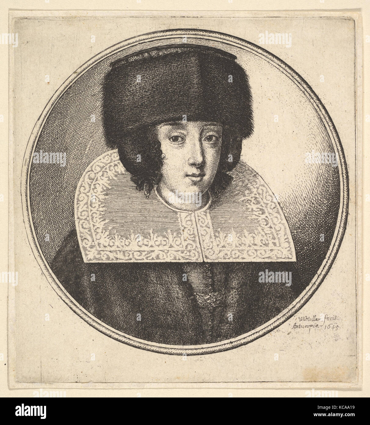 Femme avec col dentelle rigide et plat-couronné fur hat, Wenceslaus Hollar, 1645 Banque D'Images