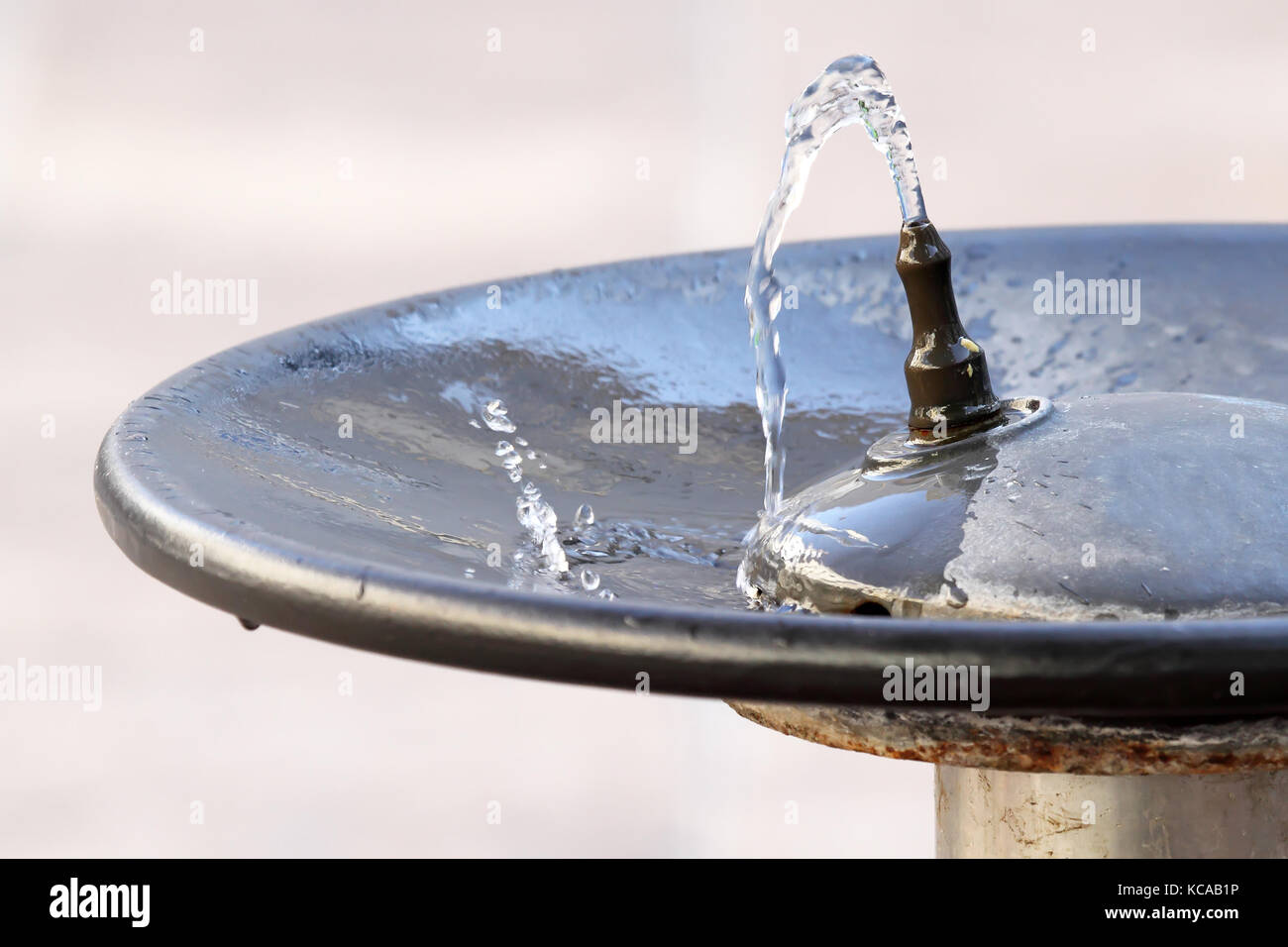 L'eau qui coule d'un robinet dans une fontaine publique et tomber dans une assiette Banque D'Images
