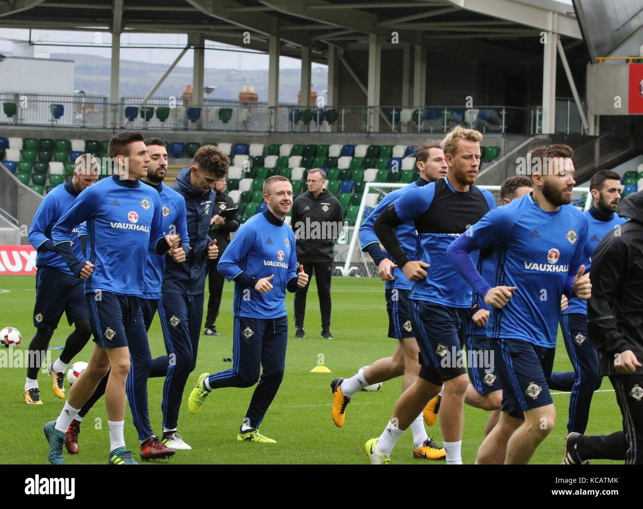 Stade national de football à Windsor Park à Belfast en Irlande du Nord. Le 04 octobre 2017. L'Irlande du Nord de l'avant train de demain nuit de qualification de la Coupe du Monde contre l'Allemagne. Crédit : David Hunter/Alamy Live News. Banque D'Images