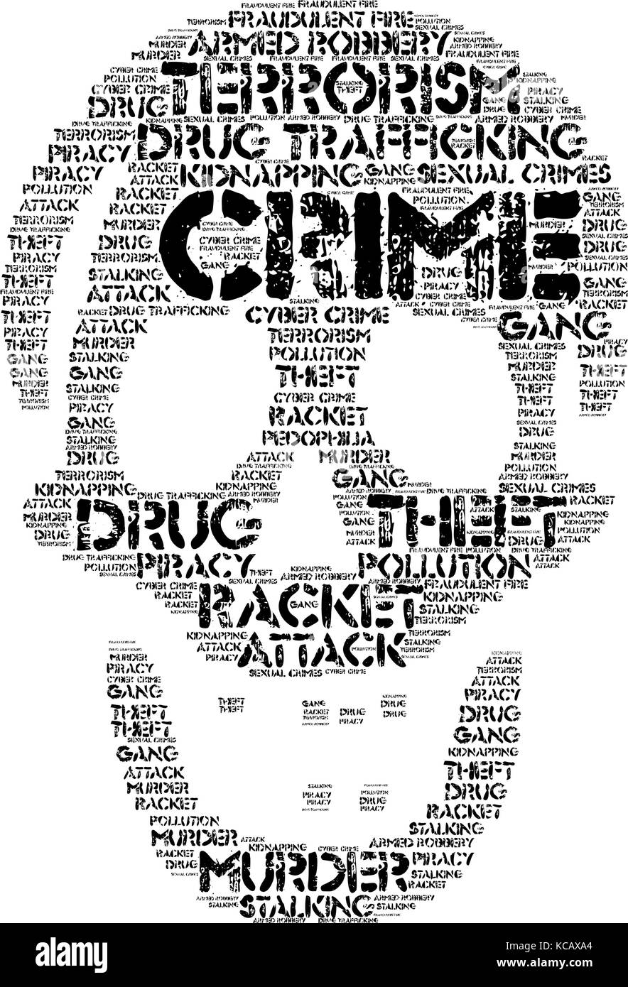 Nuage de mots, la criminalité fait concept avec une forme de crâne et tags sur fond blanc. Illustration de Vecteur