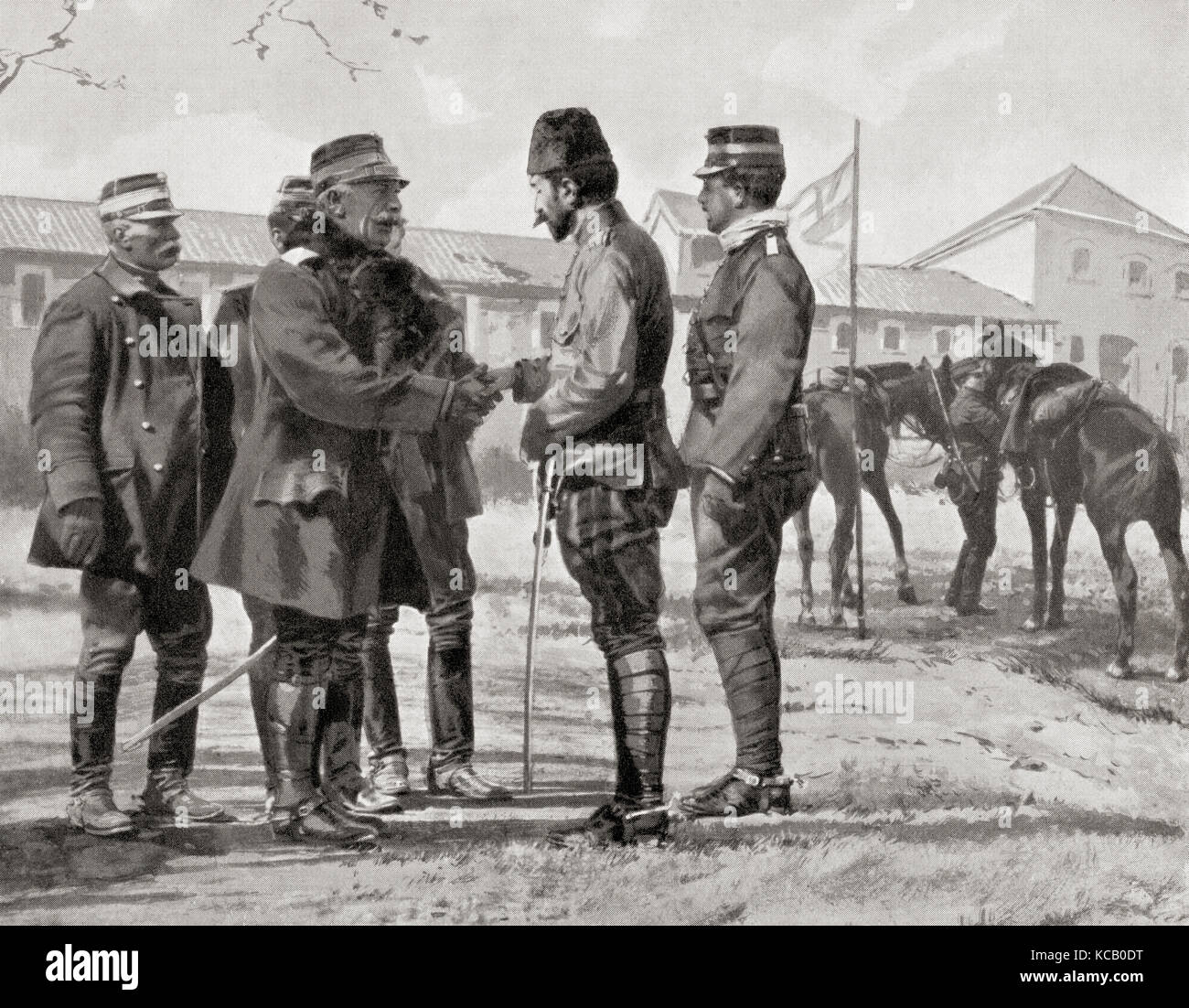 L'abandon de yanina à l'armée grecque après la bataille de bizani, 1913. vu ici, général de cavalerie grec Alexandros soutsos (centre gauche) se serrer la main avec le représentant de l'ottoman, le major vehib bey. de Hutchinson's histoire de l'ONU, publié en 1915. Banque D'Images
