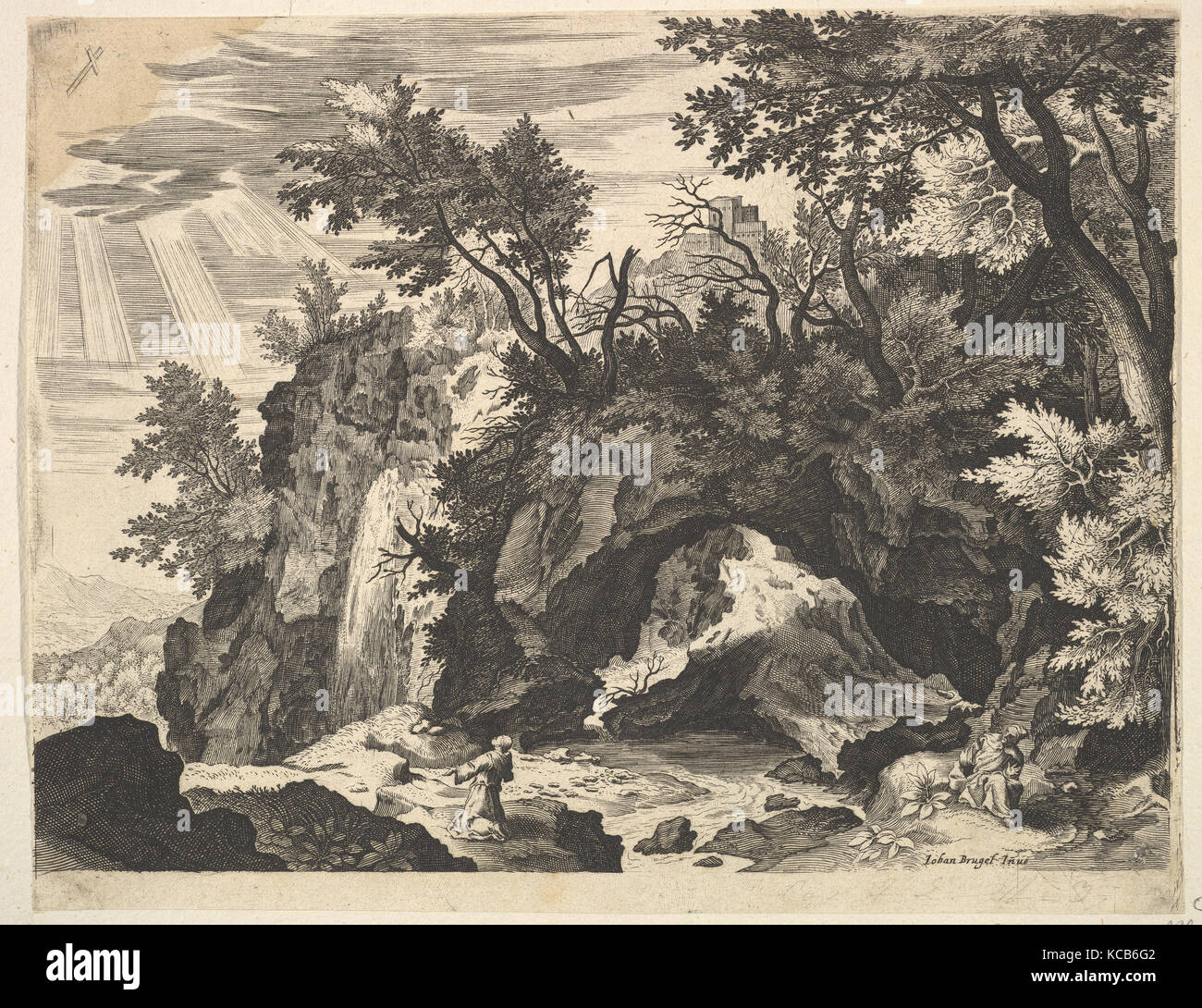 Paysage rocheux avec la stigmatisation de Saint François (marche arrière), copie après Aegidius Sadeler II Banque D'Images