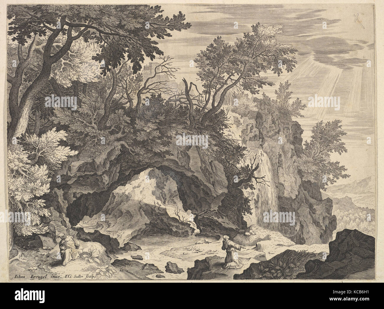 Paysage rocheux avec la stigmatisation de Saint François, Aegidius Sadeler II, n.d Banque D'Images
