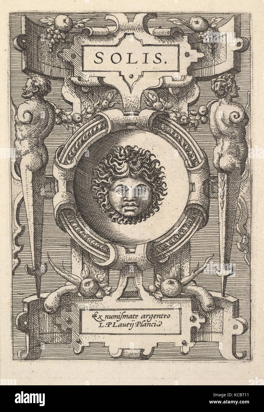 Buste de Sol entouré par strapwork, de la série 'Deorum dearumque", un ensemble d'images de divinités après coins Banque D'Images