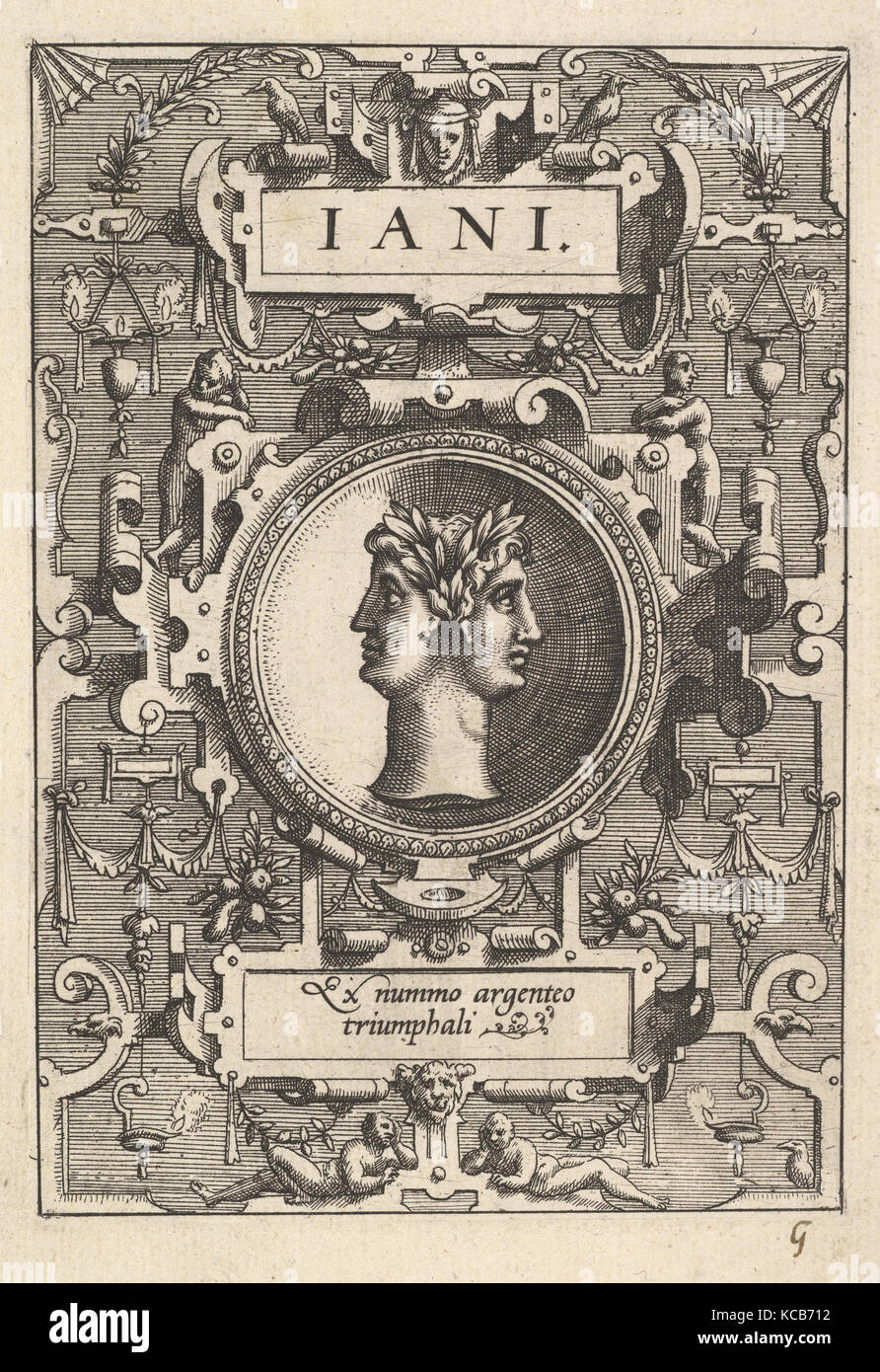 Buste de Janus entouré par strapwork, de la série 'Deorum dearumque", un ensemble d'images de divinités après coins Banque D'Images