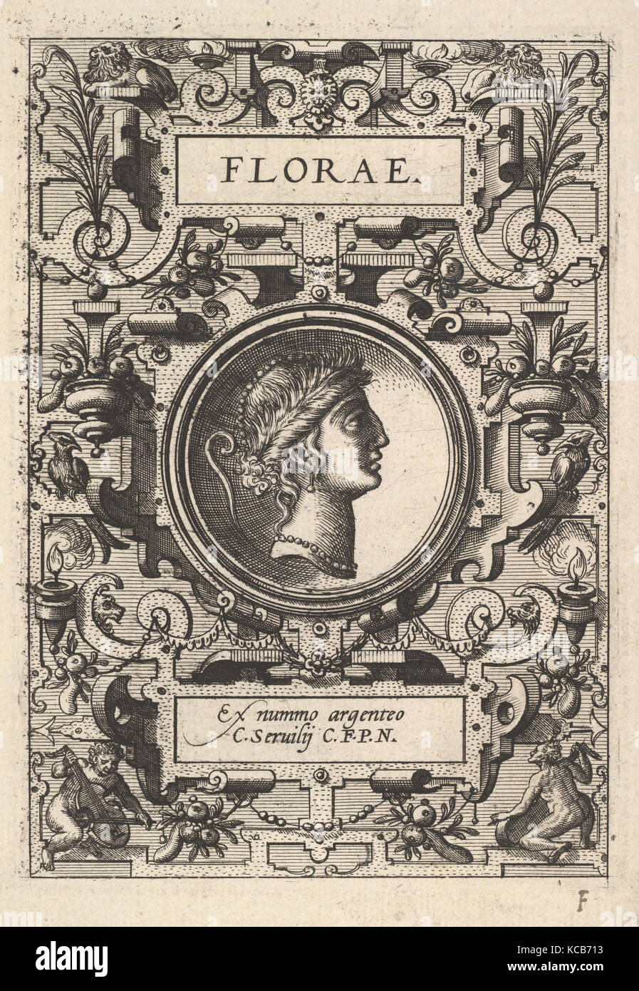 Buste de Florae entouré par strapwork, de la série 'Deorum dearumque", un ensemble d'images de divinités après coins Banque D'Images
