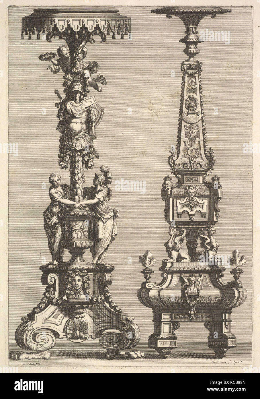 Deux Torchères, 1692, la gravure, la plaque : 11 x 7/16 7 3/4 in. (29 x 19,7 cm), Juan Dolivar (Espagnol, Saragosse 1641-1692 Banque D'Images