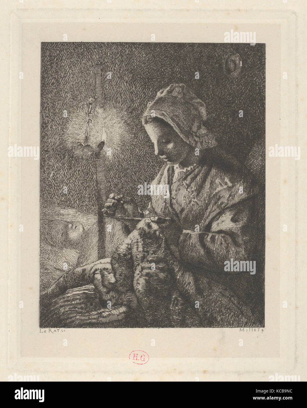 La couture à la lueur, après Jean-François Millet, 19e siècle Banque D'Images