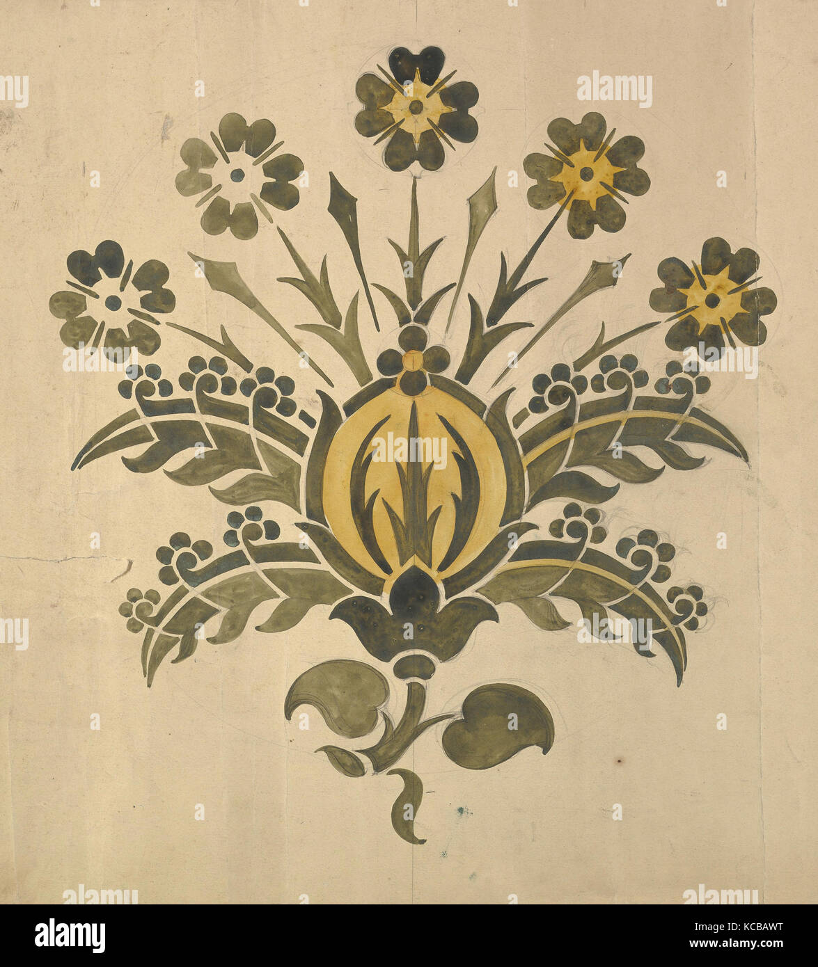 En vert et jaune fleur stylisée pour pochoir mural, Ernest Geldart, fin du xixe ou début du xxe siècle Banque D'Images