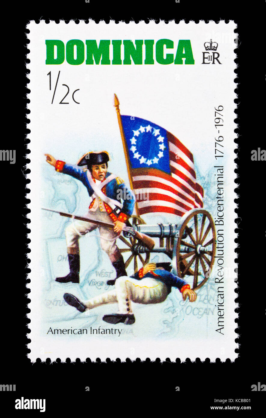 Timbre-poste de Dominique représentant l'infanterie américaine soldats dans la révolution américaine (bicentenaire) Banque D'Images