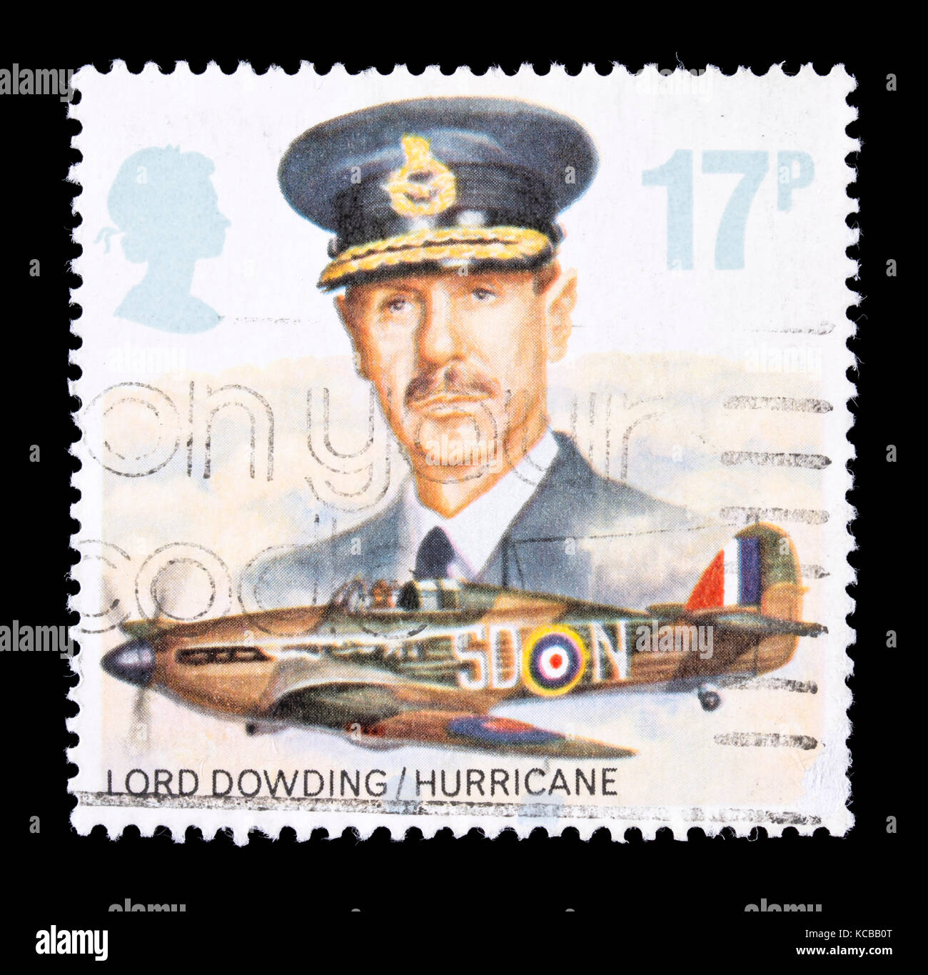 Timbre de Grande Bretagne dépeignant Seigneur Dowding et l'avion chasseur Hurricane Banque D'Images