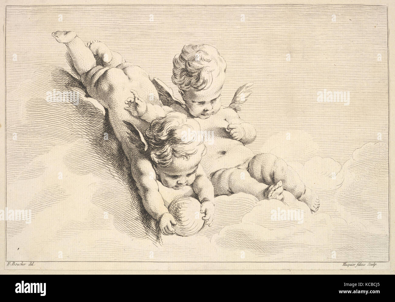 Deux cupidons, l'un tenant une balle, Jacques Gabriel Huquier, milieu à la fin 18e siècle Banque D'Images
