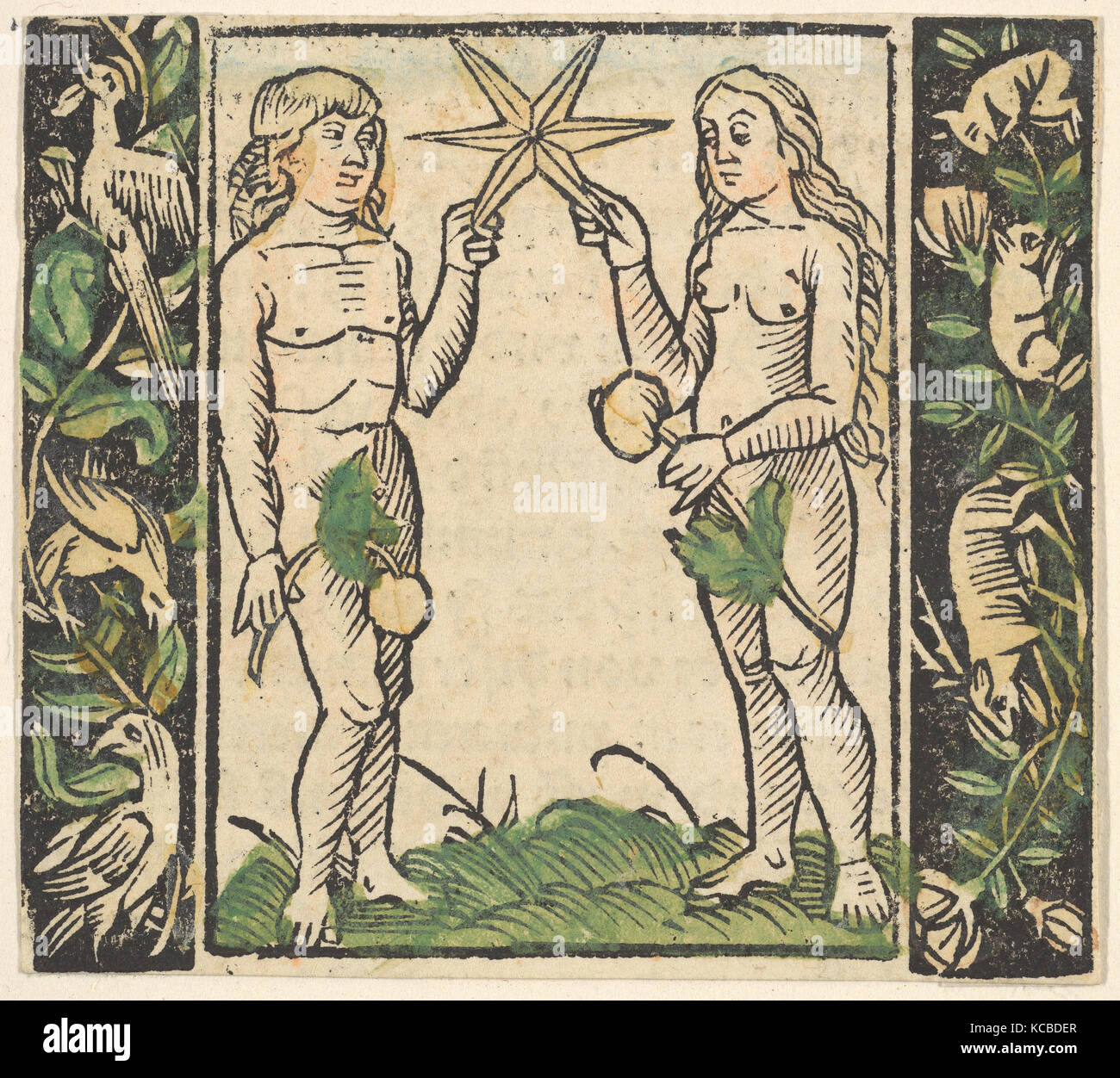 Adam et Eve tenant une étoile, illustration de Beschlossen Gart des Rosenkranz Mariae, Hans Baldung Banque D'Images