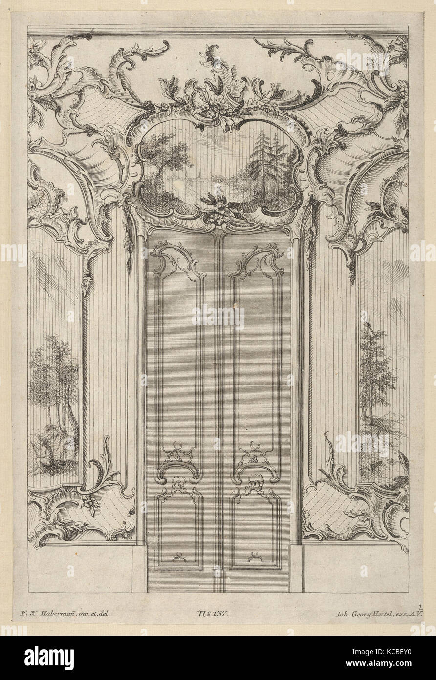 Élévation du mur avec une double porte, à partir de 'Wandfüllungen', Franz Xavier Habermann, ca. 1748-70 Banque D'Images