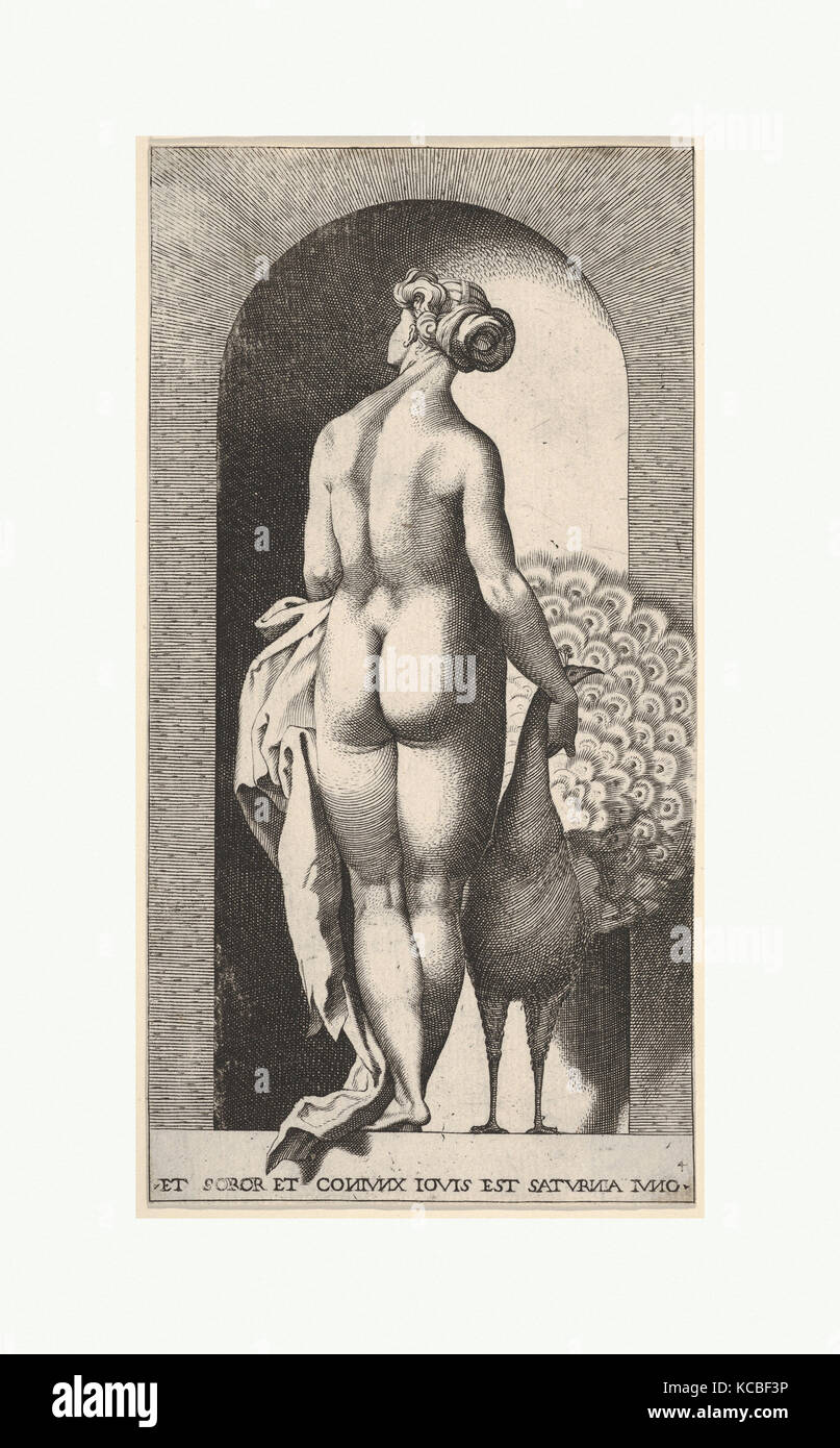 Planche 4 : Juno debout dans une niche, vu de derrière, caressant un paon à sa droite, à partir d'une série de dieux mythologiques Banque D'Images