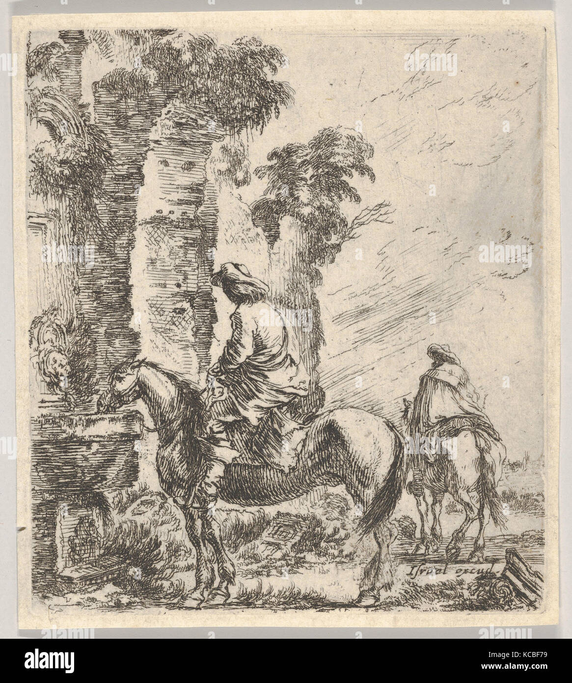 19 : Plaque d'un avenant faisant son cheval boire dans un bassin d'une fontaine à gauche, un autre cavalier vu de dos équitation Banque D'Images