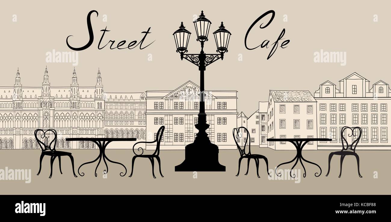 Retro sur la ville. Vue urbaine avec la façade de l'immeuble. street cafe design elements avec lettrage Illustration de Vecteur