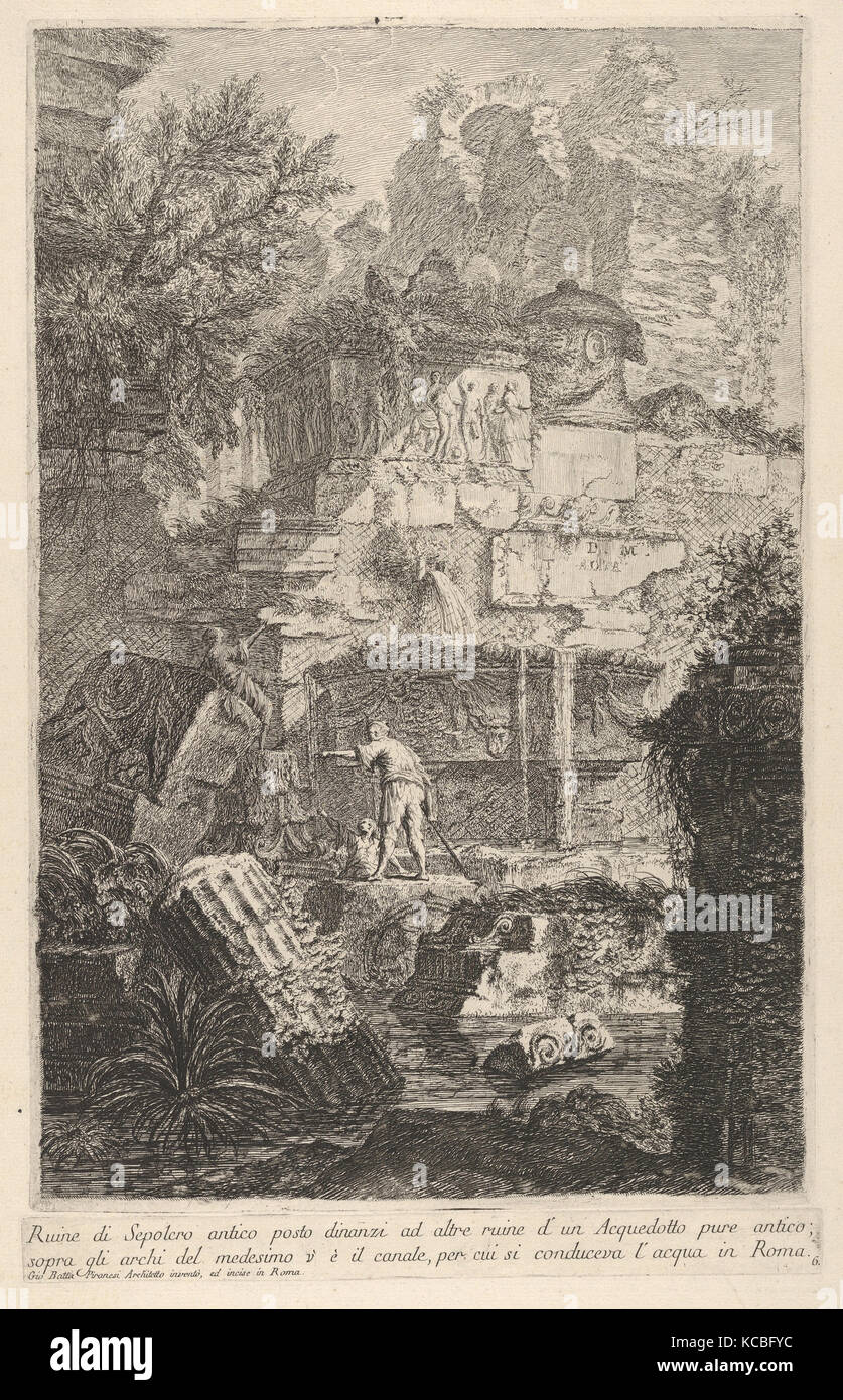 Planche 6 : 'ruines d'une ancienne tombe en face de ruines d'un ancien aqueduc ; au-dessus des voûtes de ce dernier est le canal Banque D'Images