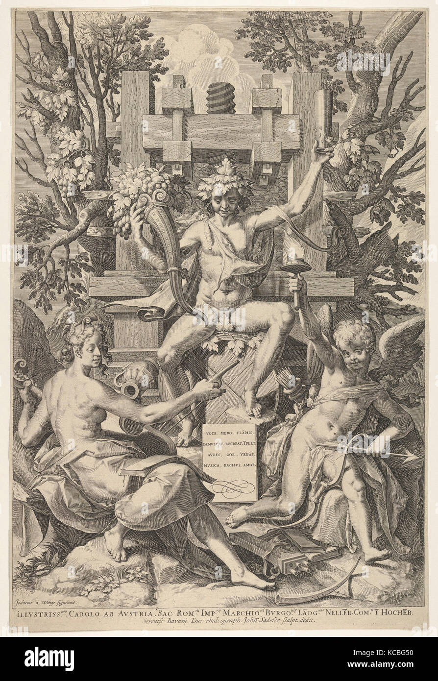 Bacchus, Musique, Amor, Johann Sadeler I, 16e siècle Banque D'Images