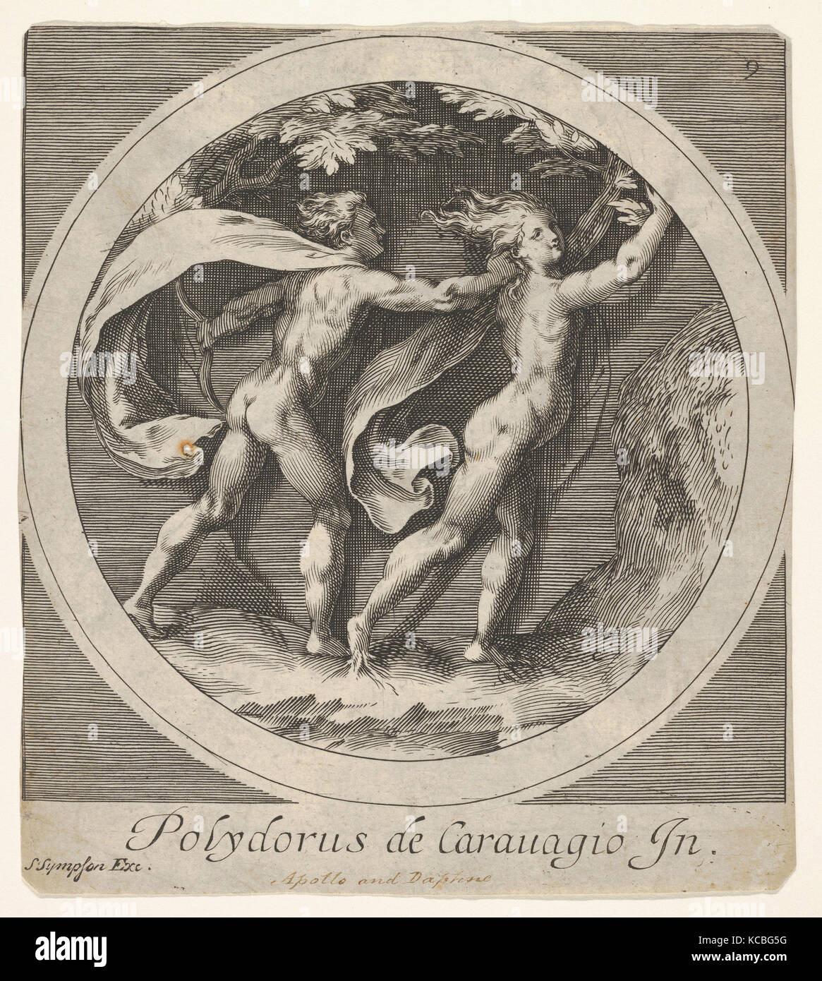 Apollo poursuivant Daphné, dont les orteils prennent la forme des racines des arbres, une composition ronde copie inverse, après une série de gravures Banque D'Images