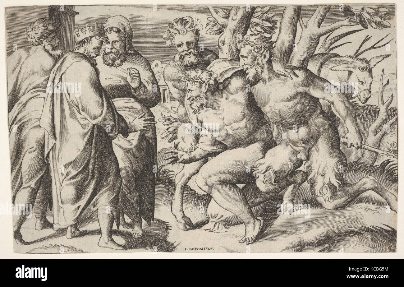 Deux satyres Silène de premier plan pour le roi Midas, qui est à gauche avec deux accompagnateurs masculins, un mulet traîne les satyres, Giulio Banque D'Images