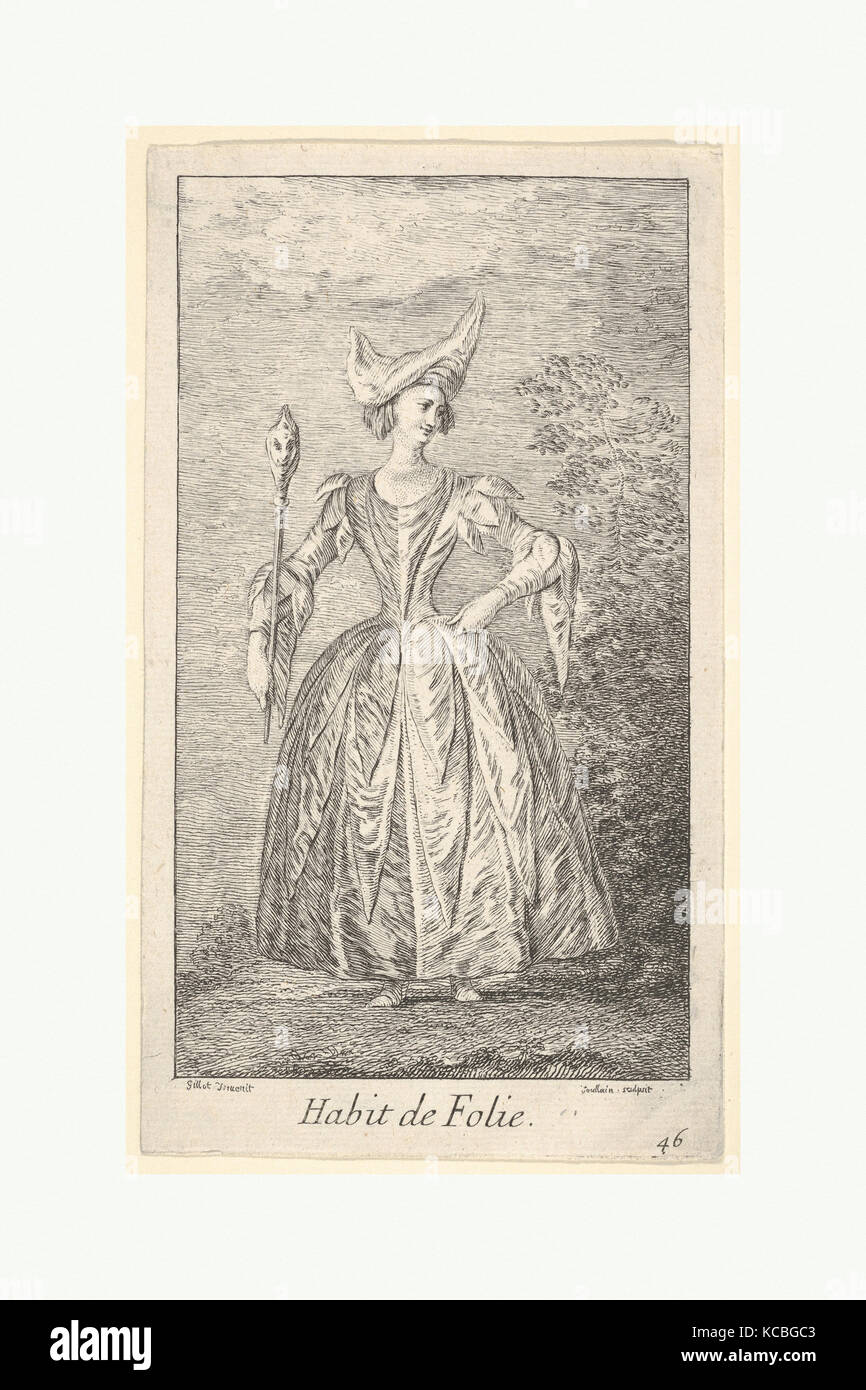 46 : Plaque d'habitude de folie : une femme dans un ballet pose, portant un chapeau et tenant une marotte dans sa main droite Banque D'Images