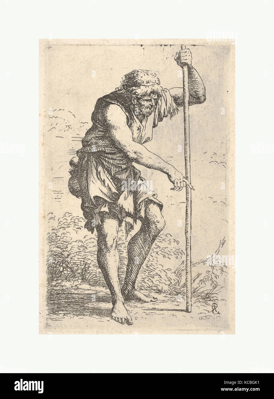 Un vieil homme en haillons, avec une calebasse sur sa hanche à marcher avec un membre du personnel, de la série 'Figurine', Salvator Rosa, ca. 1656-1657 Banque D'Images