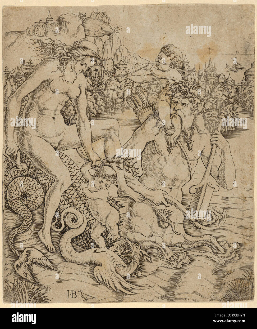 Dessins et gravures, un triton famille dans la mer, avec une mère et enfant assis sur le dos d'un mi-homme mi-monstre de mer Banque D'Images