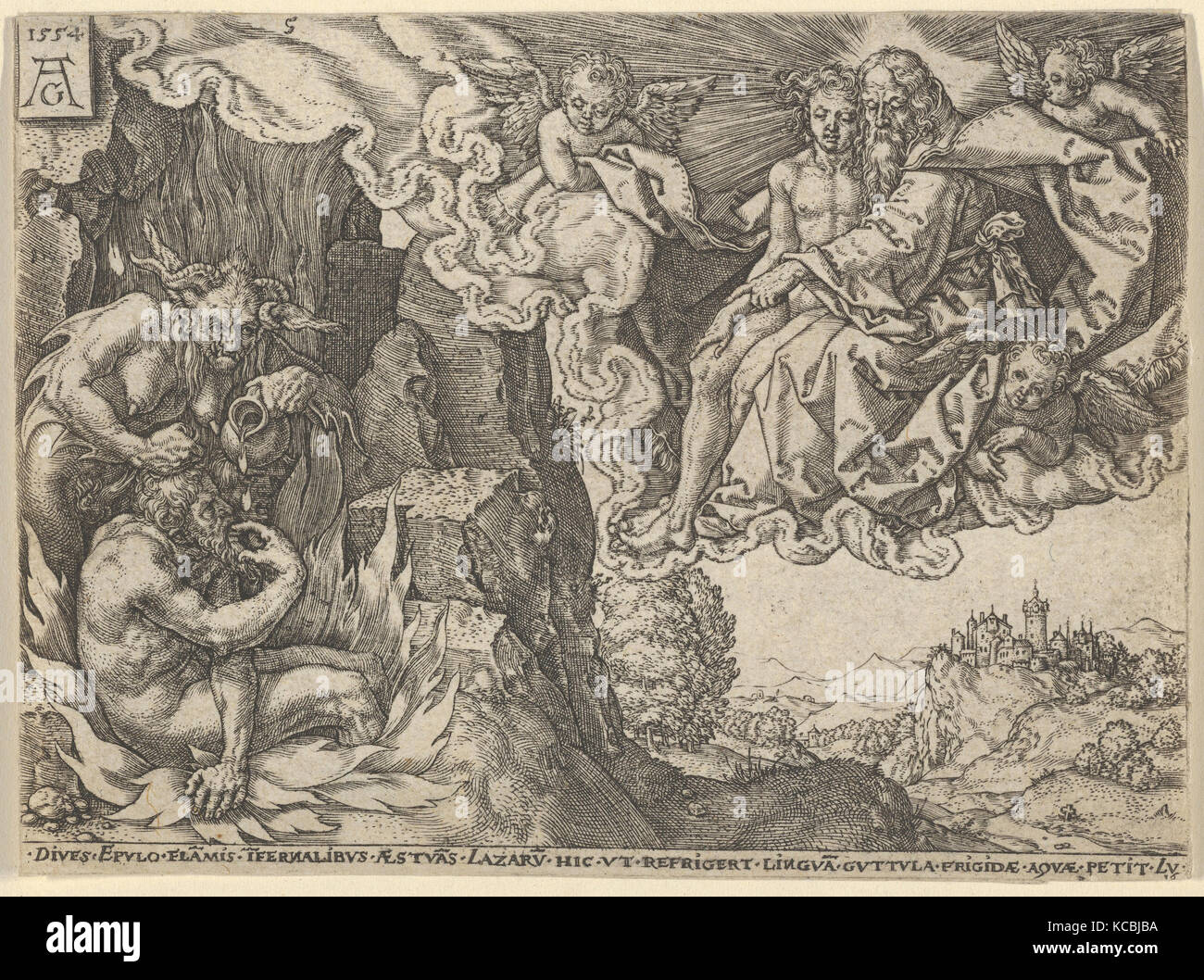 L'homme riche dans l'enfer, voyant Lazare embrassé par Abraham, à partir de la parabole de l'homme riche et Lazare, Heinrich Aldegrever Banque D'Images