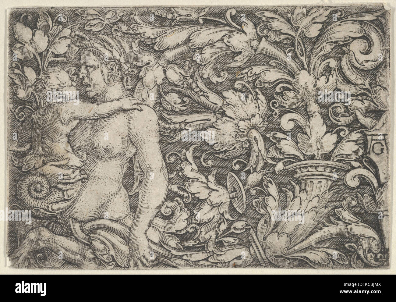 Panneau horizontal avec Triton et de l'enfant entouré de feuillage, Heinrich Aldegrever, 1525-61 Banque D'Images