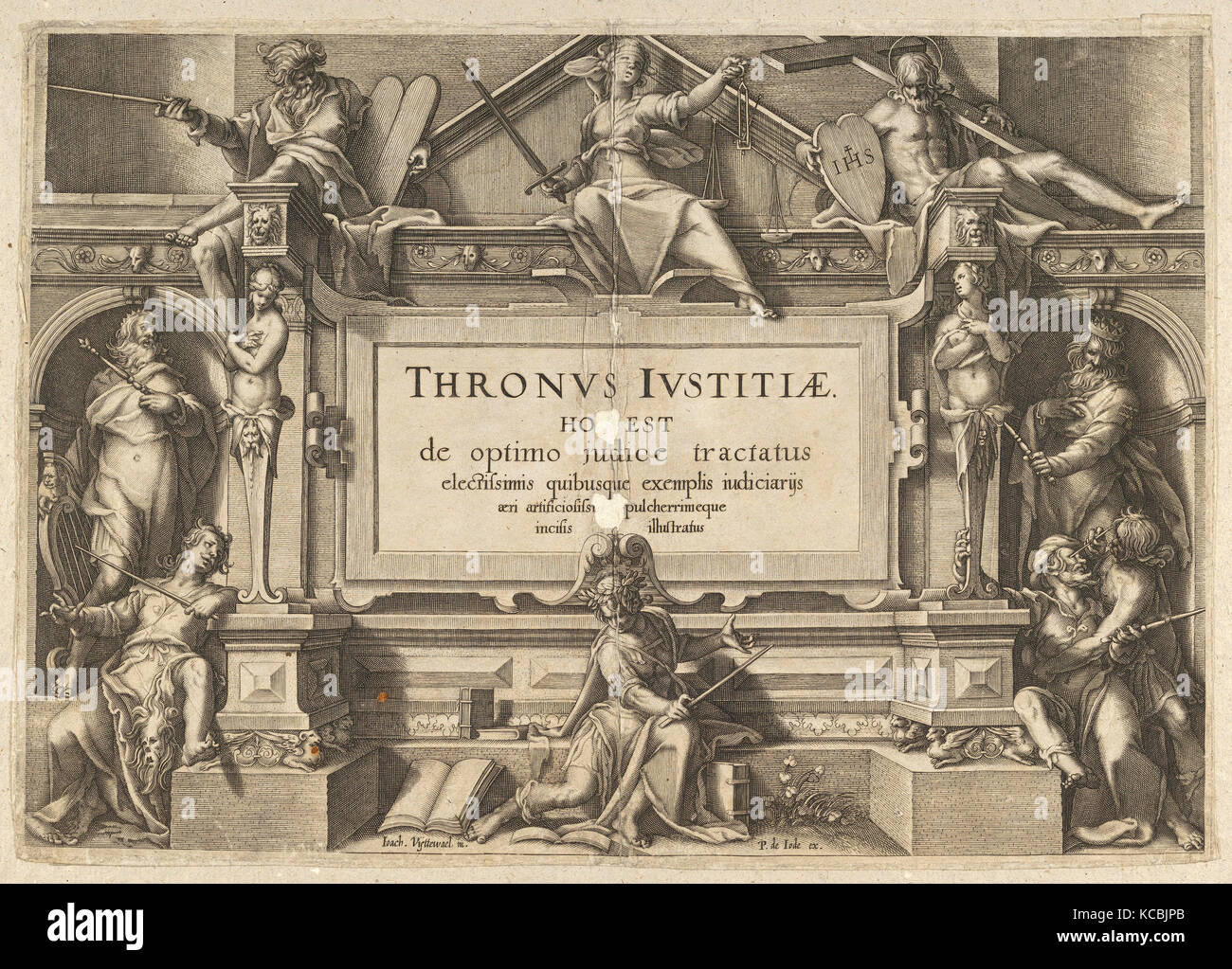 Dessins et gravures, Imprimer, Page de titre situé dans un cadre architectural avec le Christ, et figures allégoriques de Thronus Justitiae Banque D'Images