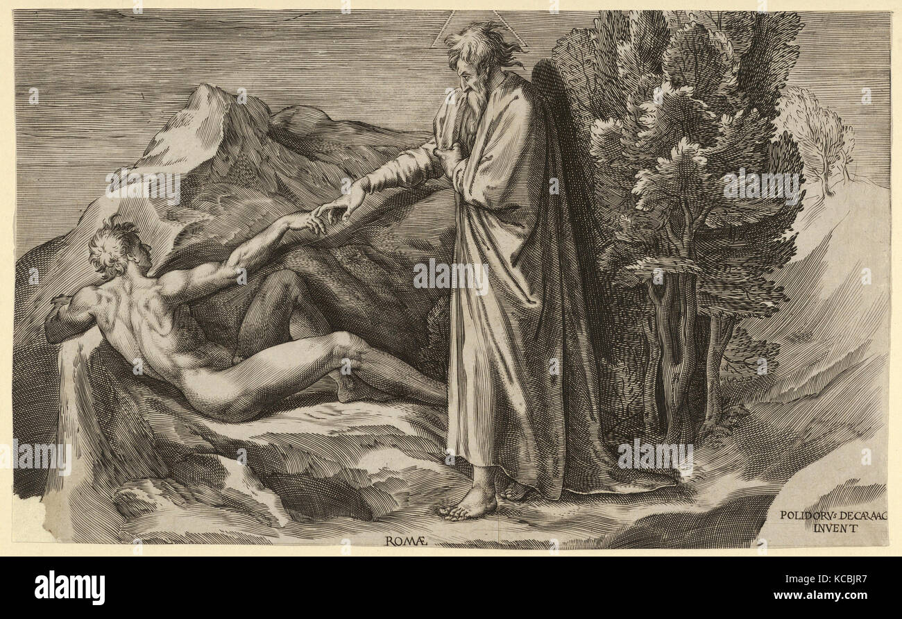 La création d'Adam qui allongé à gauche et toucher la main de Dieu, après, Polidoro da Caravaggio Banque D'Images