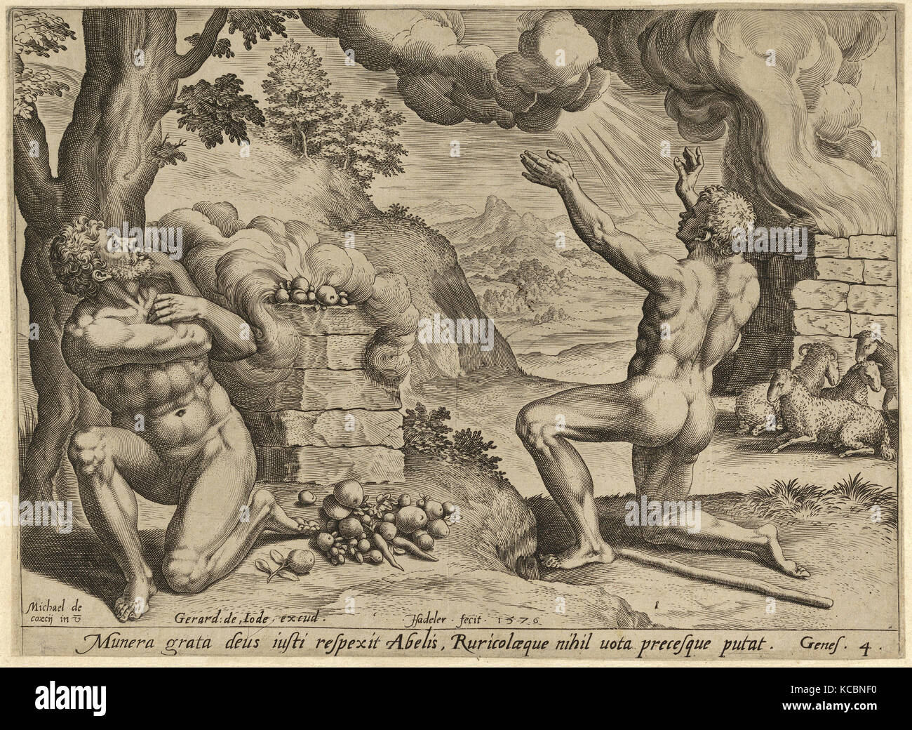 Dessins et estampes, Print, le sacrifice d'Abel (planche 1 de l'histoire de Caïn et Abel), après, Gerard de Jode Banque D'Images