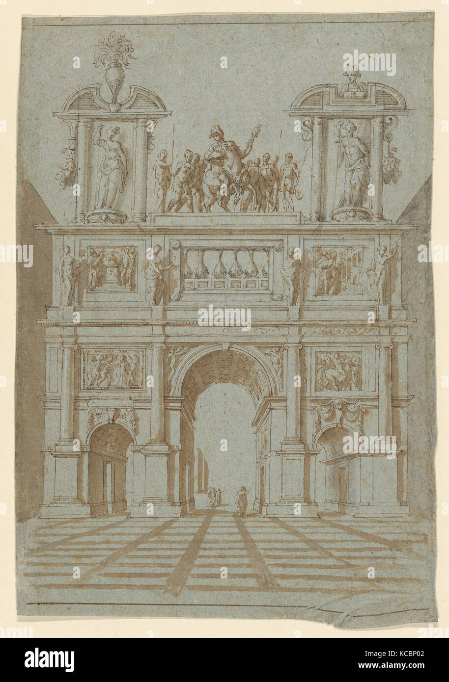 Conception d'un arc de triomphe dans le rendu de perspective, anonyme, britannique, 17e siècle, cercle d'Inigo Jones, ca. 1600-1630 Banque D'Images