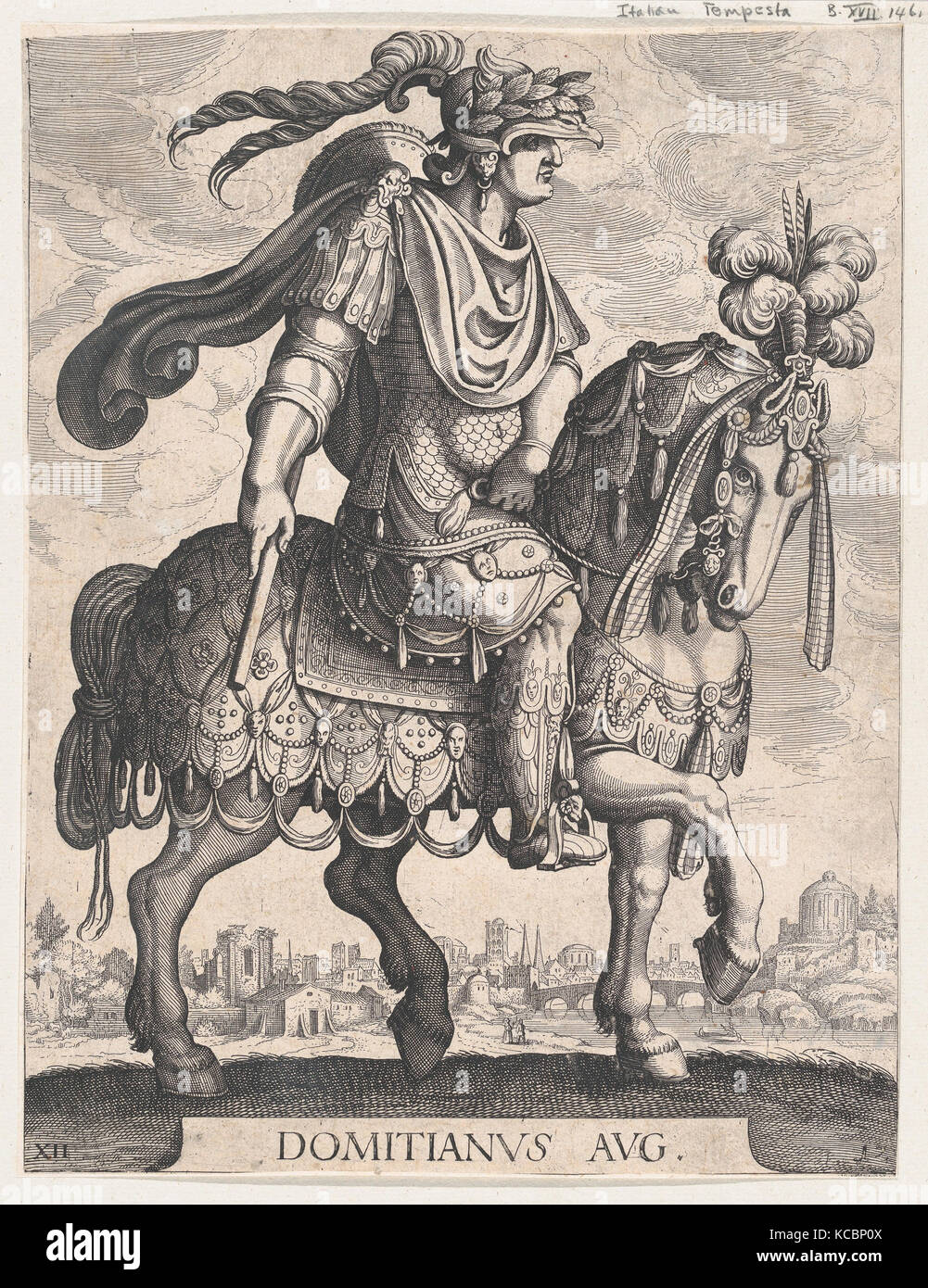 Planche 12 : l'empereur Domitien à cheval, de 'Les douze Césars Romains' après Tempesta, Matthäus Merian l'ancien, 1610 Banque D'Images