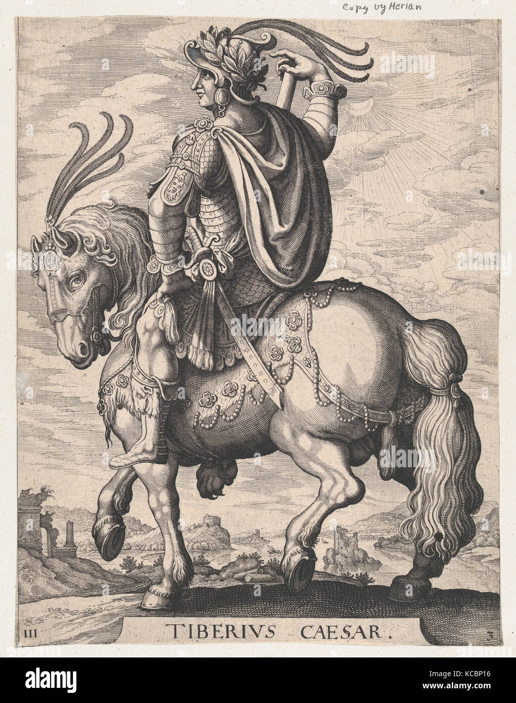 3 : plaque de Tibère à cheval, de 'Les douze Césars Romains', après Tempesta, Matthäus Merian l'ancien, 1610 Banque D'Images