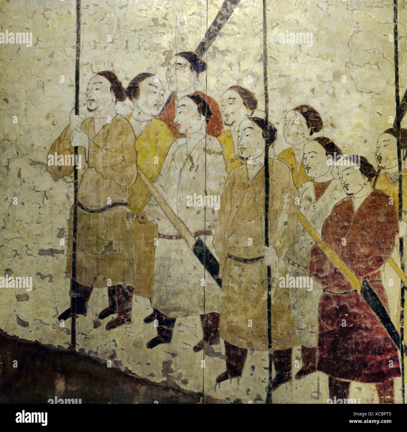 La peinture murale antique de la garde d'honneur. Détail. Qi du nord dynastie. De la tombe de Xu Xianxiu à Wangjiafeng, Taiyuan City, Shanxi, Chine Banque D'Images