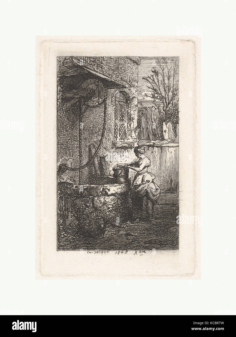 Ferme au puits, 1842, Eau-forte ; troisième état de huit, feuille : 7 11/16 x 8 1/16 in. (19,5 x 20,5 cm), Impressions, Charles Jacque Banque D'Images